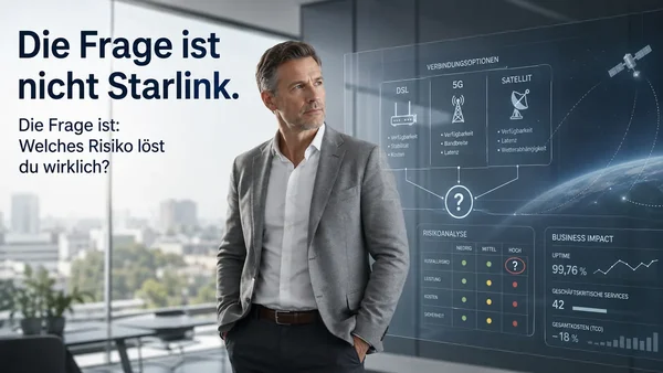 Entscheider in grauem Sakko vor holografischem Dashboard mit Verbindungsoptionen DSL, 5G und Satellit, Risikomatrix und Business-Impact-Kennzahlen
